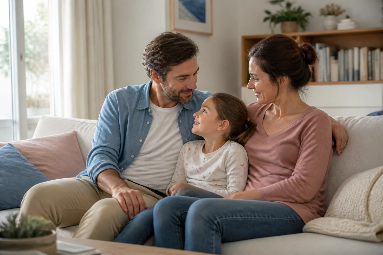 Famille échangeant dans un intérieur lumineux