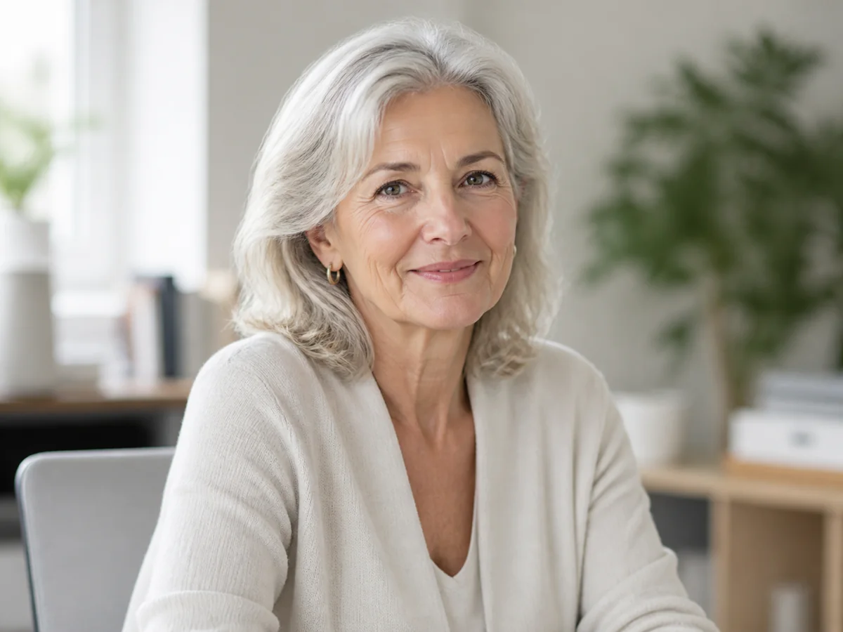 Senior souriante dans un intérieur lumineux